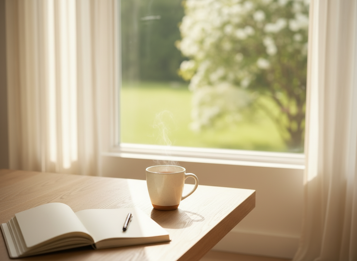 A warm, inviting flat lay scene from slightly above: a wooden table with a notepad and pen, a steaming cup of tea in a ceramic mug, soft natural window light, and a blurred green outdoor view in the background. Calm, cosy, and reflective mood. Soft muted tones.